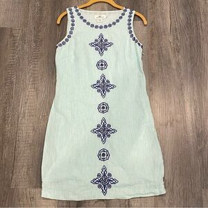 Vineyard Vines Dobby Linen Shift Dress Size 0 Embroidered Beaded Aqua Preppy